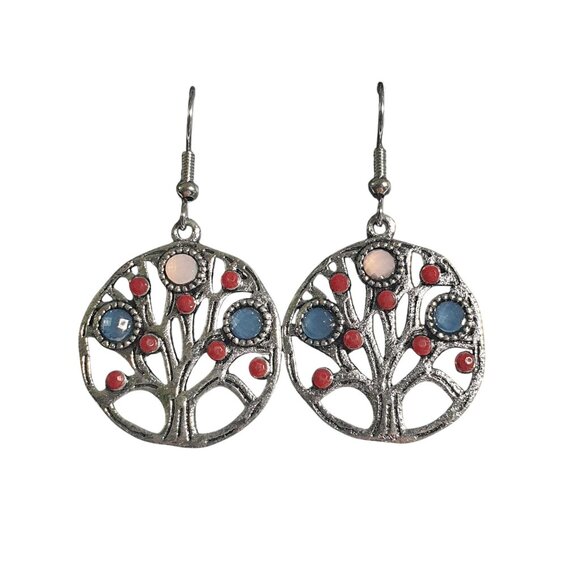 Tree Of Life Earrings Silver Tone Red Blue Pink Dangle Hook Jewelry Boho Gift - Picture 2 of 4